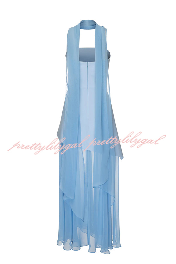 Monaco Off Shoulder Structured Top Chiffon Slit Hem Scarf Maxi Dress