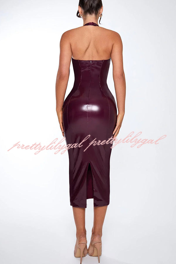 Fantasy Silhouette Shiny Faux Leather Halter Neck Stretch Midi Dress