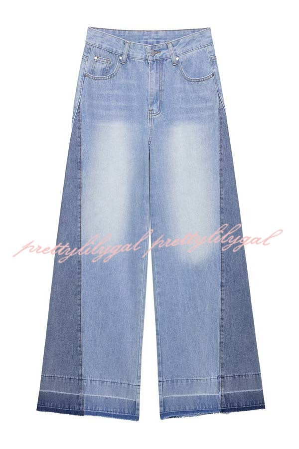 Ellison Denim Side Colorblock High Rise Pocket Wide Leg Jeans