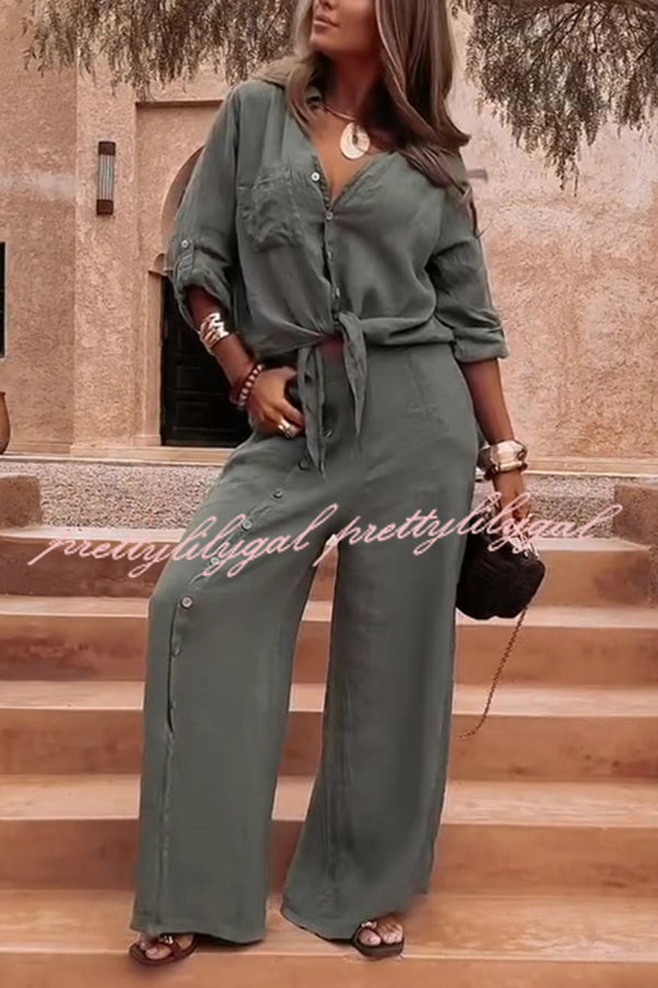 Solid Color Lapel Casual Button-down Shirt and Loose Pocket Slit Wide-leg Pants Set
