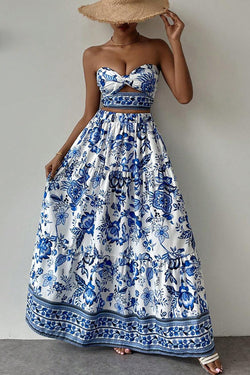 Floral Print Cutout Bandeau Top and Elastic Waist Full Maxi Skirt Set