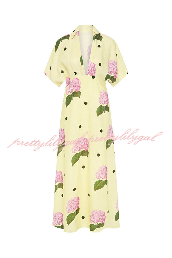 Jasmine Linen Blend Floral Polka Dot Wide Sleeve Shirt Maxi Dress