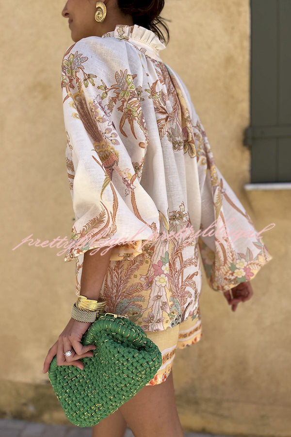 Botanical Print Palace Style Stand-up Collar Lantern Sleeve Loose Top and Casual Shorts Set
