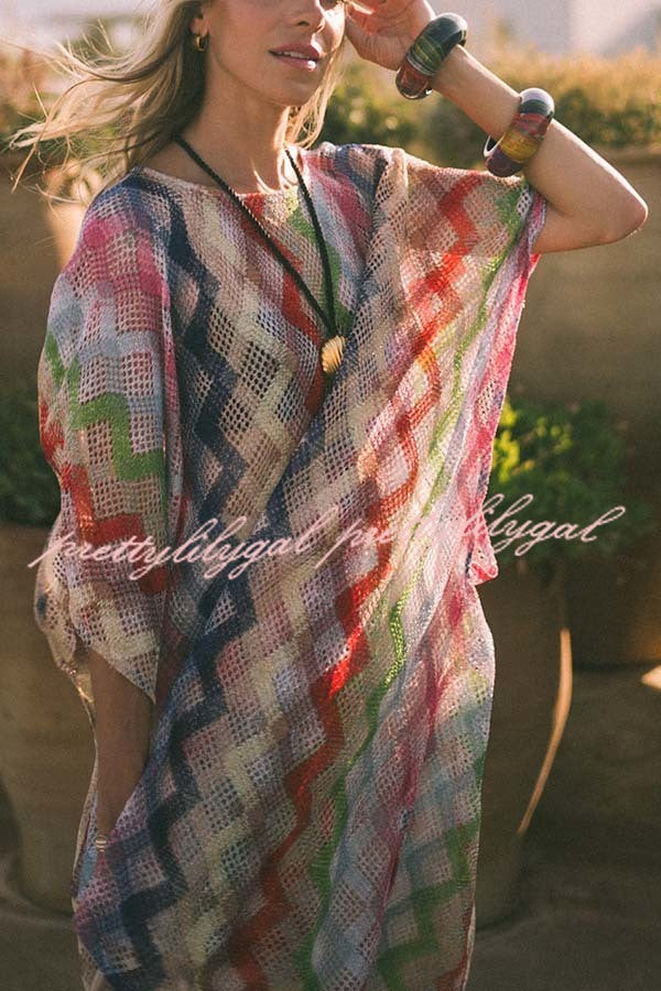 Sun Washed Knit Colorful Zigzag Pattern Asymmetric Hem Loose Cover-ups Kaftan