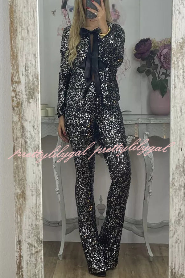 Holiday Cheer Sequin Tie-front Satin Bow Long Sleeve Jacket