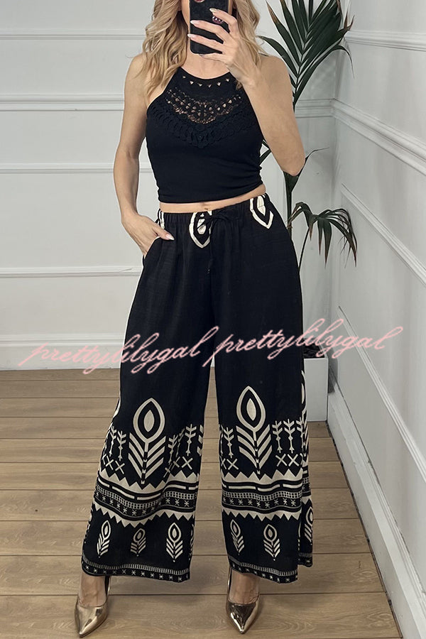 Unique Print Elastic Waist Casual Pocket Wide Leg Pants