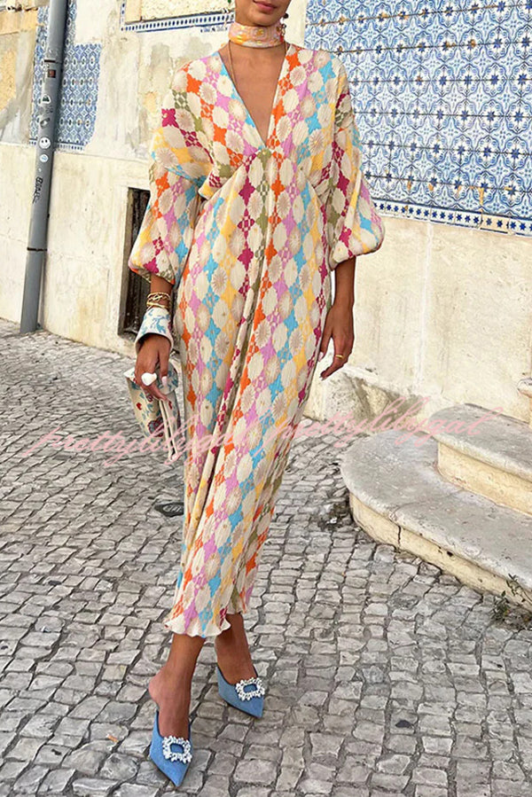 Gorgeous Sunshine Colorful Unique Print Kimono Puff Sleeve Midi Dress