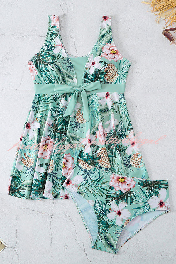 Cheerful Floral Print Bow Detail Tankini Swimsuit Set