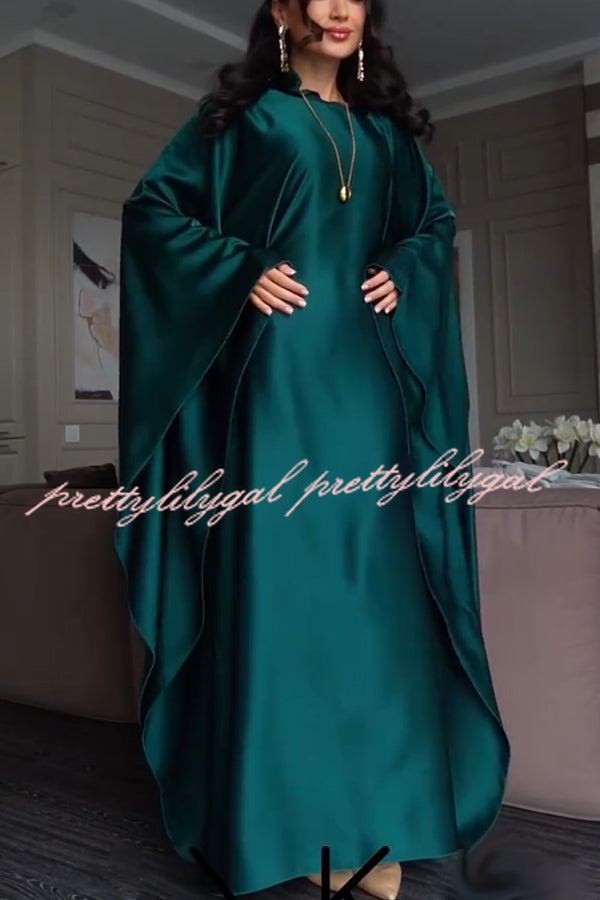 Dignified and Elegant Satin Batwing Sleeve with Waist Tie Design A-line Maxi Dress
