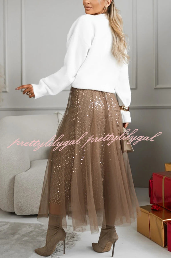 Party Daydream Sequin Tulle High Rise Elastic Waist Maxi Skirt