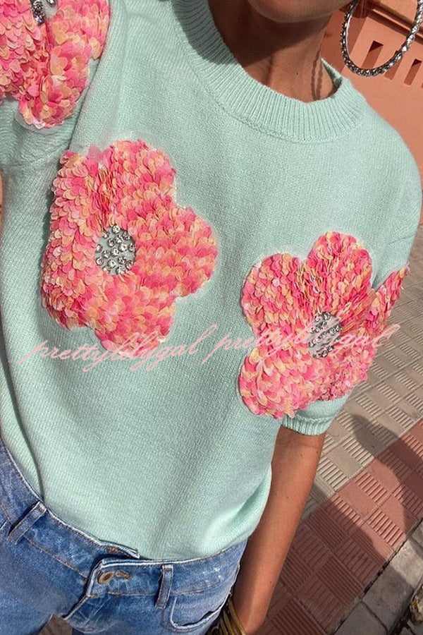 Contrast Color Floral Crew Neck Short Sleeved Sweaters