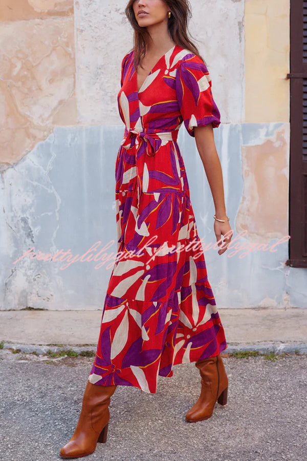 Unique Printed V-neck Puff Sleeves Tie Waist Midi Dress