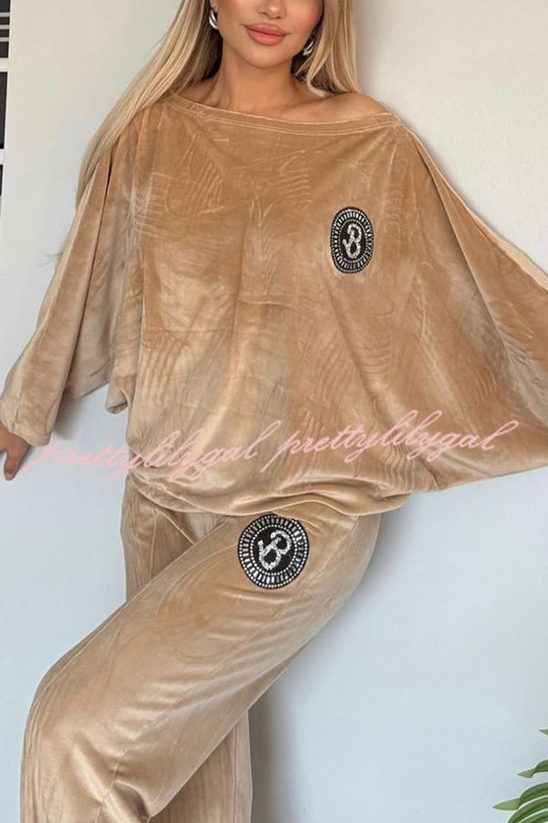 Solid Color Velvet Round Neck Bat Sleeve Casual Top and Elastic Waist Loose Pocket Pants Set