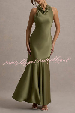 Timeless Sophistication Satin Cowl Detail Back Self-tie Halter Neck Maxi Dress