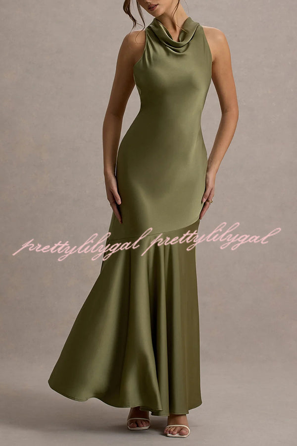 Timeless Sophistication Satin Cowl Detail Back Self-tie Halter Neck Maxi Dress
