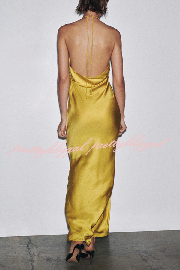Fashionable Beaded Large Flower Decoration Halter Neck Backless Maxi Dress