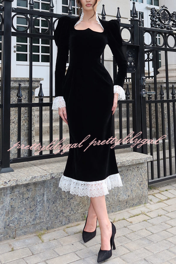 Baroque Style Velvet Lace Trim Sweetheart Neck Long Sleeve Flare Midi Dress