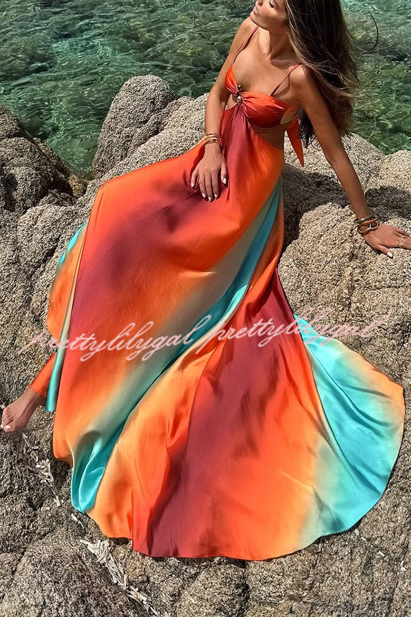 Neon Sunset Printed Metal Decoration Cutout Back Tie-up Vacation Maxi Dress