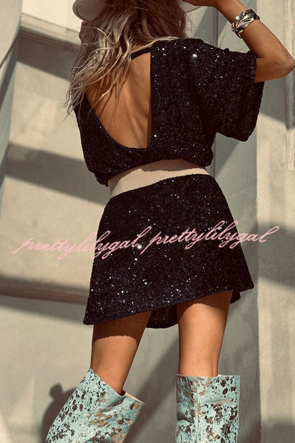 Night Moves Sequin Fabric Short Sleeve Backless H-line Mini Dress