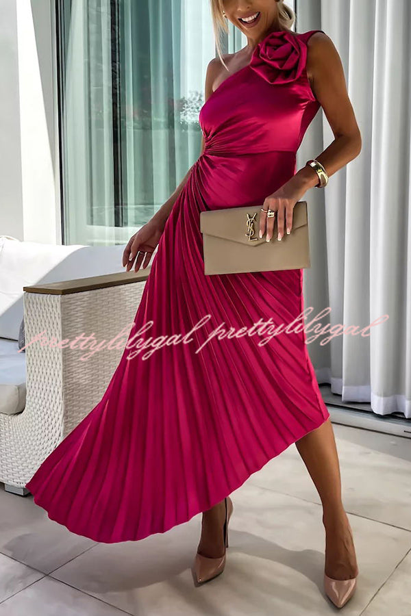 Romantic Nights Satin Raised Flower Elastic Cutout One Shoulder Pleated Maxi Dress