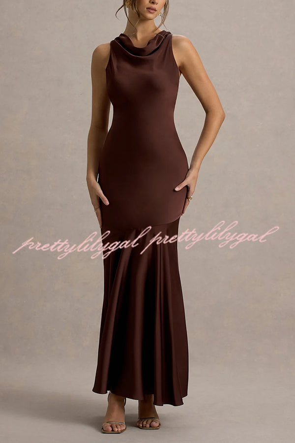 Timeless Sophistication Satin Cowl Detail Back Self-tie Halter Neck Maxi Dress