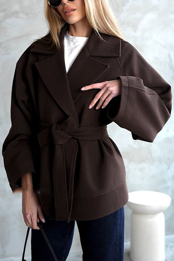 Retro-style Lapel Long-sleeved Belted Loose Coat