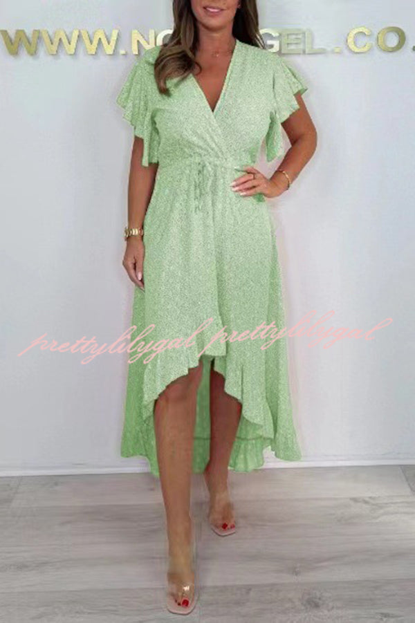 Resort Style V-neck Ruffle Sleeves Waist Tie Irregular Midi Dress