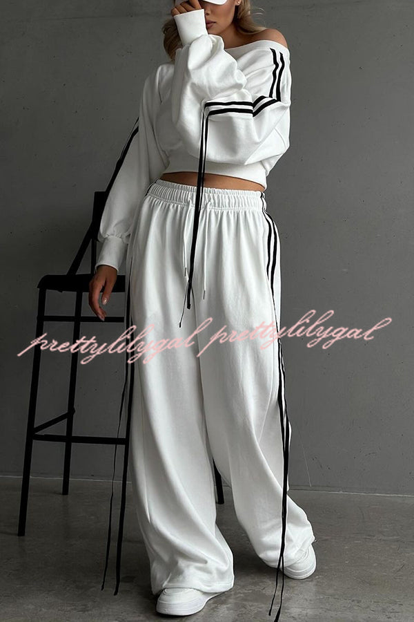 Contrast Color Webbing Casual Sweatshirt and Elastic Waist Tie Loose Pants Set