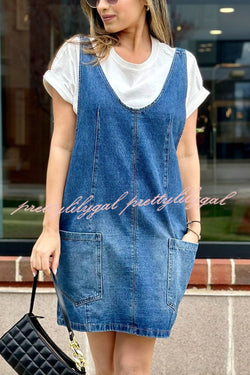 Solid Color Sleeveless V-neck Pocket Adjustable Denim Suspender Mini Dress