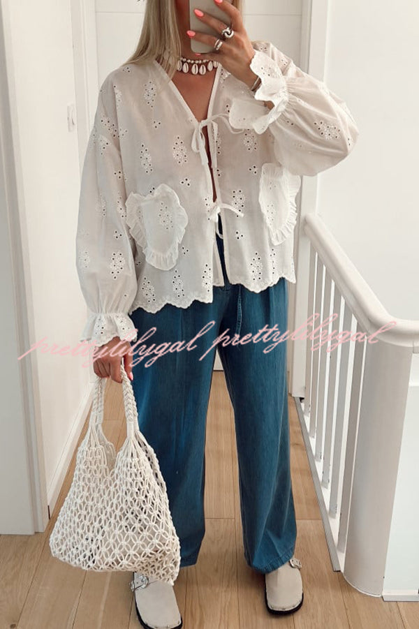 Floral Embroidered V-neck Lace-up Long-sleeved Loose Top