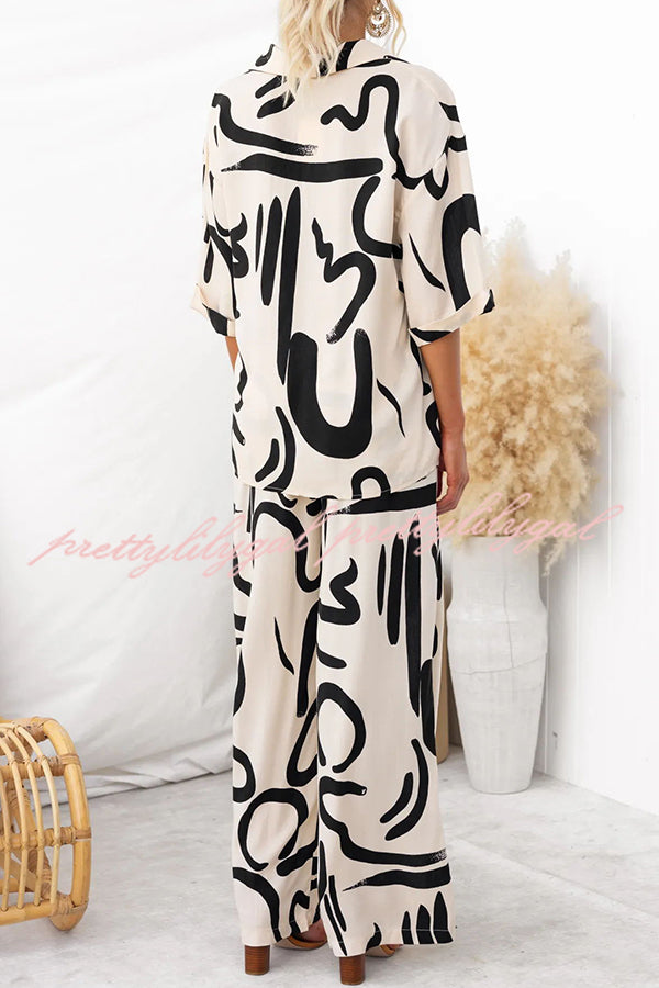 Irregular Printed Button Pocket Long Sleeved Shirt and Elastic Waist Pants Set