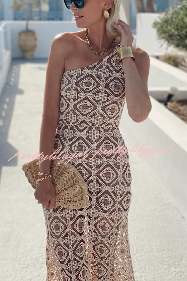 Obsessed with Beauty Crochet Lace One Shoulder Maxi Dress