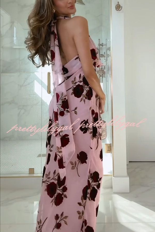 Rose Secret Printed Cowl Neck Halter Backless Maxi Dress