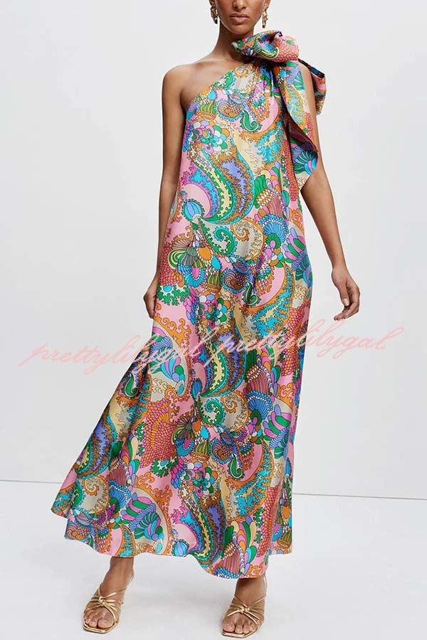 Rainbow Breeze Satin Unique Print Bow One Shoulder Loose Maxi Dress