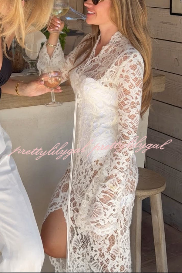 Garcelle Floral Lace Lace-up Long Bell Sleeve Slit Midi Dress