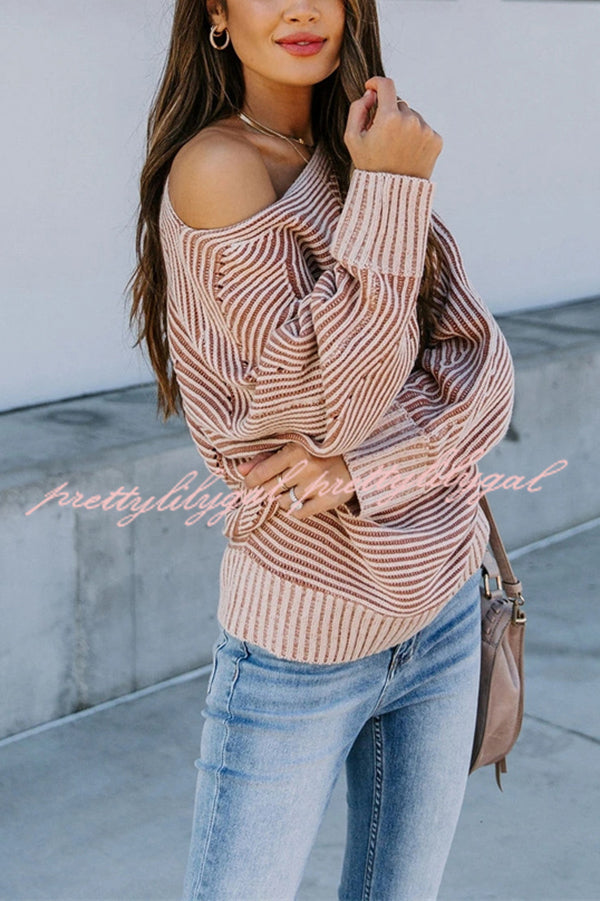 Knitted Striped Round Neck Dolman Sleeve Casual Loose Sweater