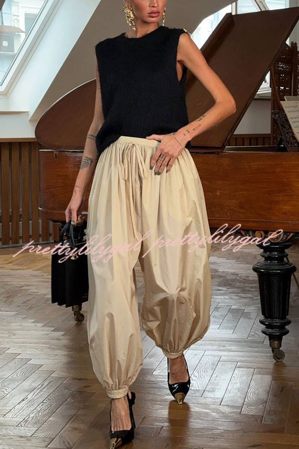 Solid Color Casual Pocket Elastic Waist Lantern Wide Leg Pants