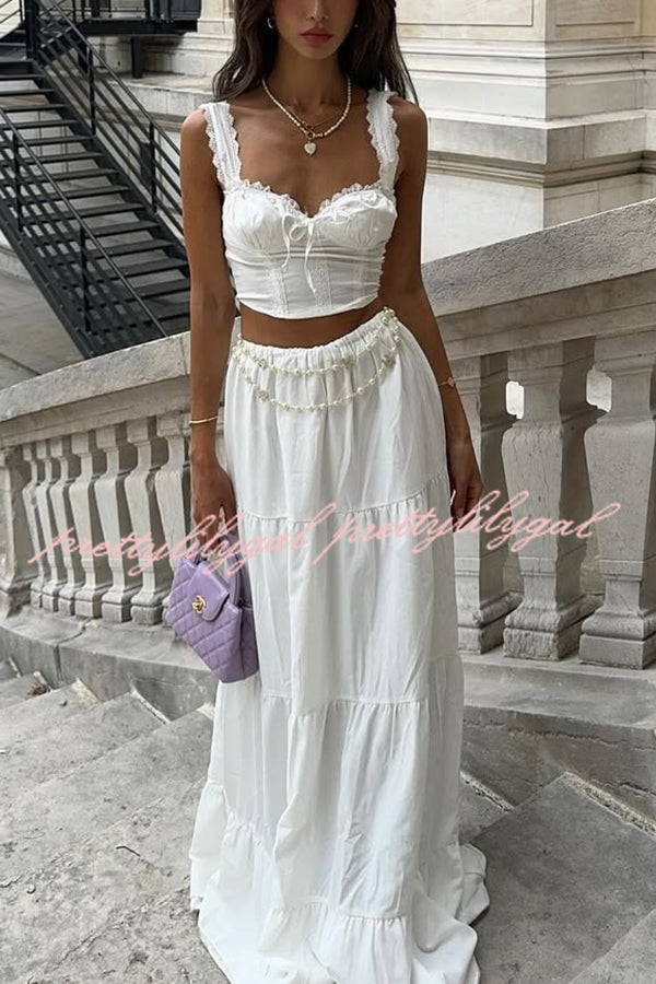 Fashionable Suspender Slim-fit Top and Elastic Waist Stitching Elegant Maxi Skirt Set