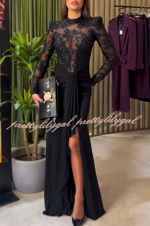 Fenna Sheer Floral Sequin Shoulder Pads Long Sleeve Drape Slit Maxi Dress