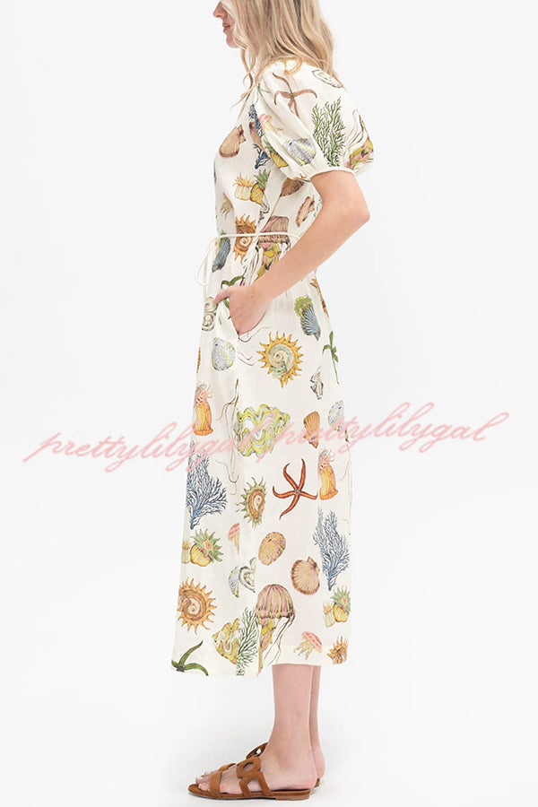 Beach Shell Print Puff Sleeve Tie-Waist Casual Midi Dress
