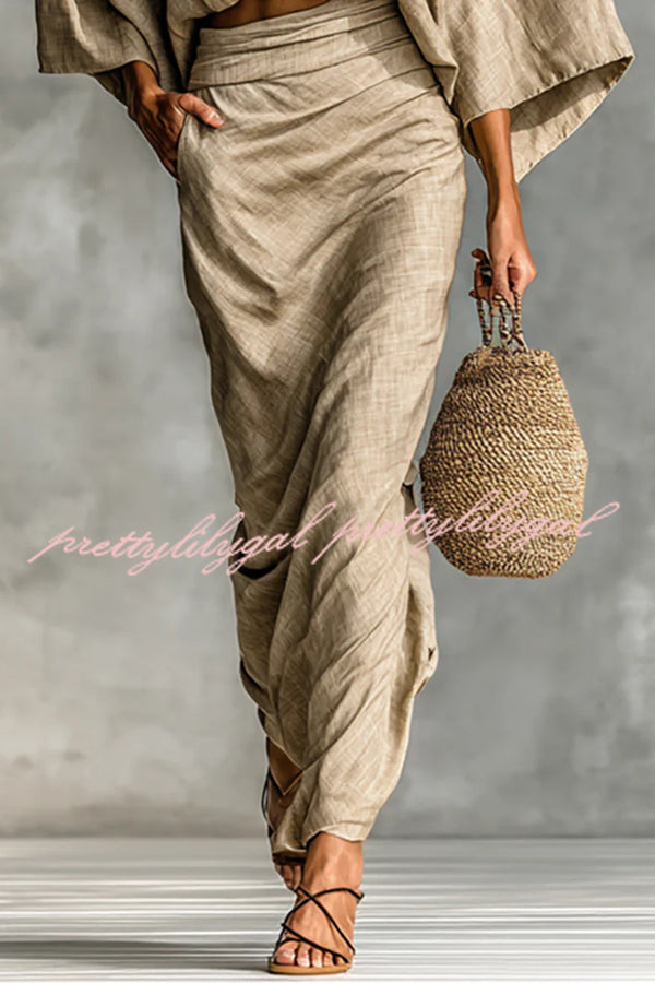 Linen Blend Batwing Sleeve Loose Top and Casual Pocket Maxi Skirt Set