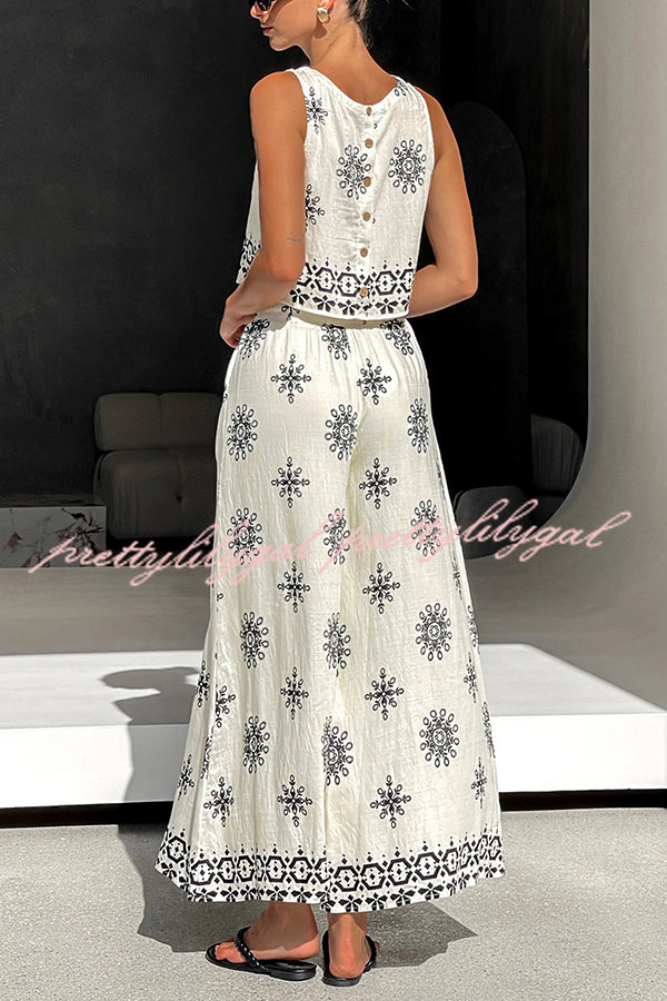 Unique Printed Round Neck Sleeveless Button Top and Elastic Waist Pocket Wide Leg Pants Set