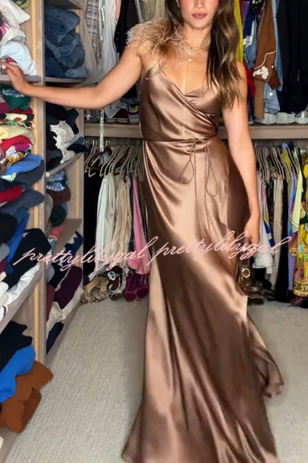 how to tie up a maxi dress with slits Celebration Night Satin Feather Trim Wrap Tie-up Slit Gown Maxi Dress –  prettylilygal