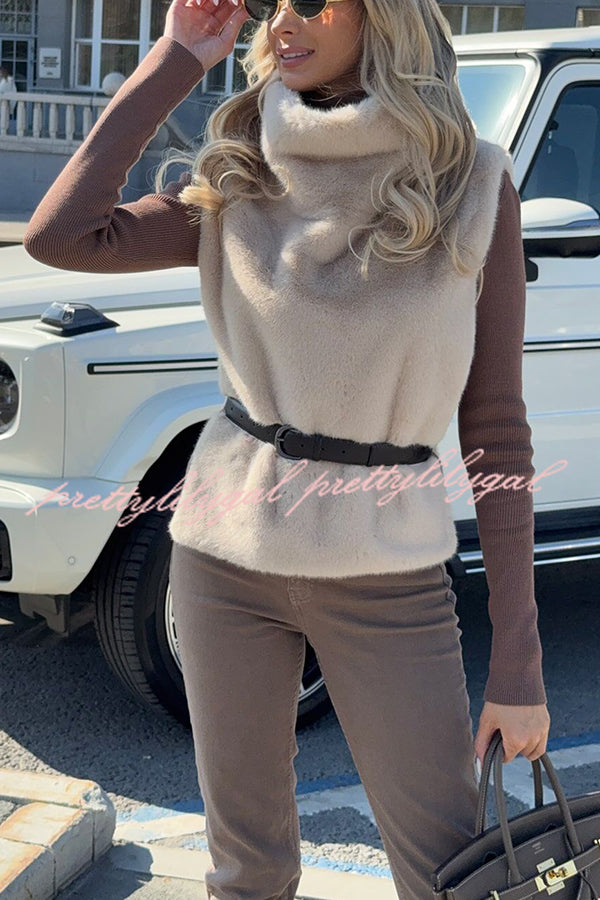 Warm and Stylish Shaggy Eco-fur Stand Collar Side Slit Vest