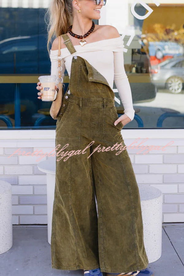 Falling Leaves Corduroy Metal Buckle Pocket Wide Leg Jumpsuit Overalls