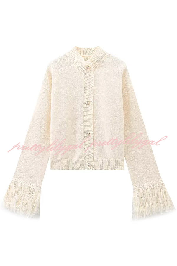 Solid Color Elegant Feather Long Sleeve Casual Knitted Cardigan