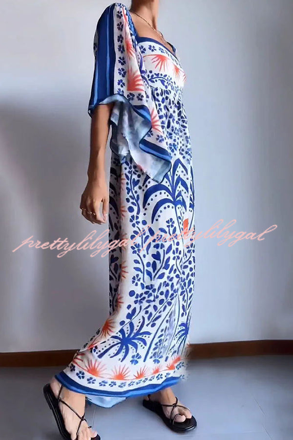 Resort Style Ethnic Print Square Neck Bell Sleeve Loose Maxi Dress