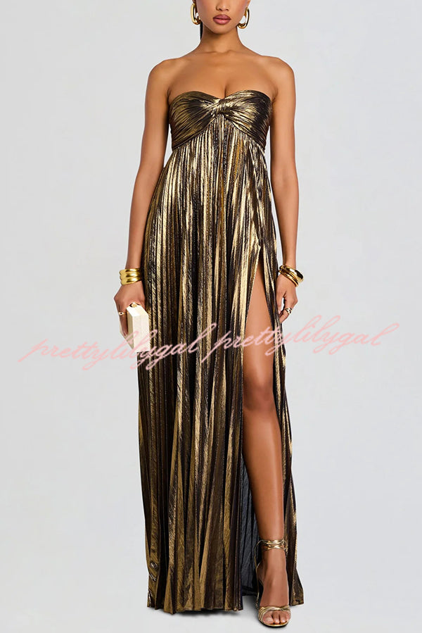 Metallic Sexy Tube Top Pleated High Slit Maxi Dress