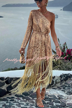 For The Love Gold Sequin One Shoulder Belted Fringes Midi Dress