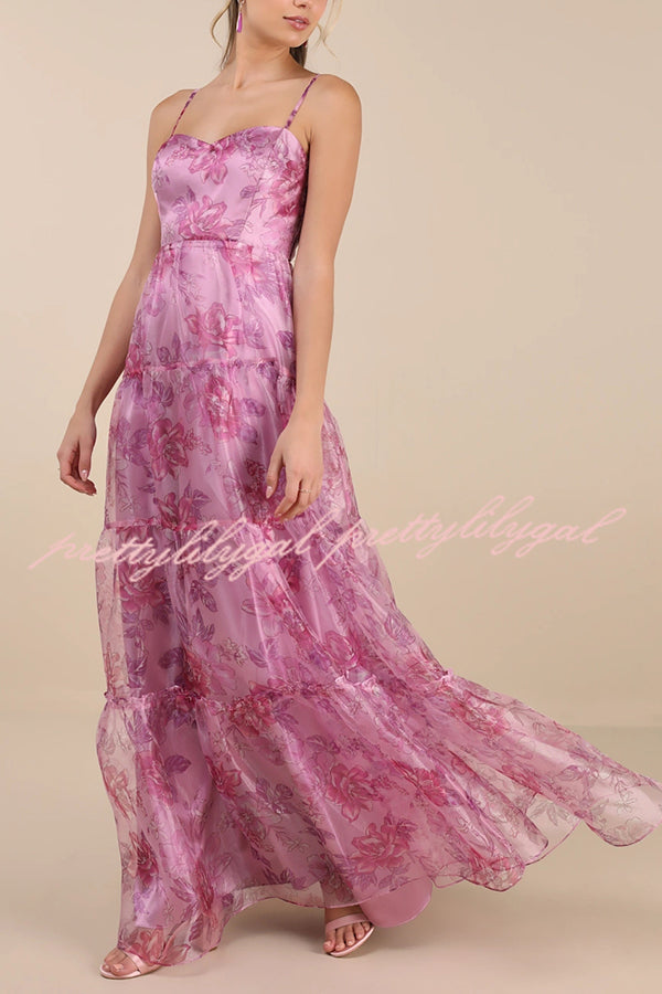 Exclusive Glamour Organza Floral Print Tiered Slip Maxi Dress